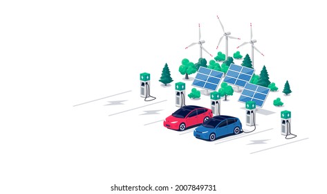 Electric car charging on parking lot area with fast supercharger station and many charger stalls. Vehicle on renewable solar panel wind power station electricity network grid. Flat vector illustration