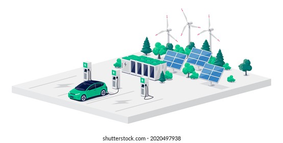 Electric car charging on parking lot with fast supercharger stations and many charger stalls. Vehicle on renewable solar panel wind energy battery storage station in network grid. Vector illustration.