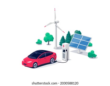 Electric car charging on parking lot area with fast supercharger station stall. Vehicle on renewable smart solar panel wind power station electricity network grid. Isolated flat vector illustration.