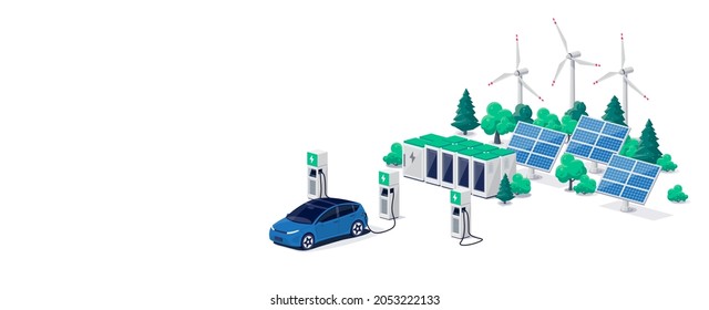 Electric car charging on parking lot with fast supercharger station and many charger stalls. Vehicle on renewable solar panel wind energy battery storage station in network grid. Vector illustration. - Shutterstock ID 2053222133