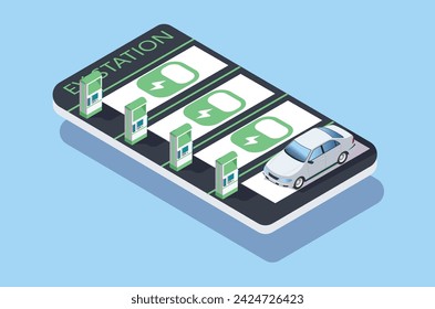 Cargador eléctrico del coche en el estacionamiento con la estación rápida del supercargador y muchos puestos del cargador. Vehículo en el panel solar renovable de energía eólica estación de almacenamiento de baterías en la red de red. Ilustración vectorial.