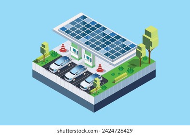 Electric car charging on parking lot with fast supercharger station and many charger stalls. Vehicle on renewable solar panel wind energy battery storage station in network grid. Vector illustration.