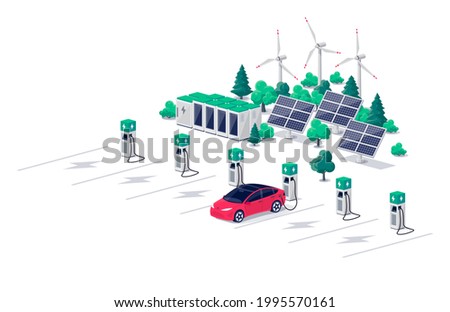 Electric car charging on parking lot with fast supercharger station and many charger stalls. Vehicle on renewable solar panel wind energy battery storage station in network grid. Vector illustration.