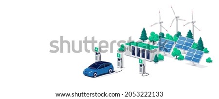 Electric car charging on parking lot with fast supercharger station and many charger stalls. Vehicle on renewable solar panel wind energy battery storage station in network grid. Vector illustration.