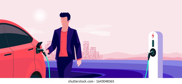 Electric car charging on pink city skyline landscape. Vector illustration of man hand holding charger station plug cable plugged in battery EV vehicle. Modern automobile being charged by driver.