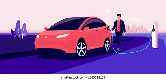 Electric car charging on pink city skyline landscape. Vector illustration of man hand holding charger station plug cable plugged in battery EV vehicle. Modern automobile being charged by driver.