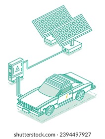 Electric car charging on renewable energy. Electricity scheme with transformer and solar panels. Vector illustration. Isometric outline concept. Vehicle on renewable solar panel energy.