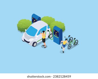 Electric car charging outside at refuel power station. Bikes on a bicycle parking Modern technology and environment care isometric 3d vector illustration concept