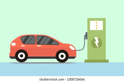 Electric car charging outside at refuelling power station. Modern technology and environment care concept. Flat style vector illustration