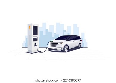 Electric car charging at parking lot with city building at the background. Electric vehicle charge baterry at wide floor vector illustration concept