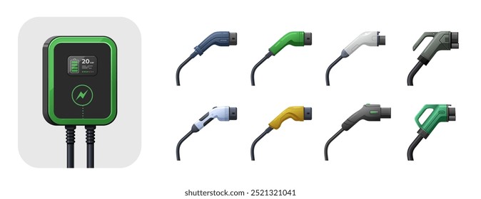 Electric car charging plug. Electricity fuel set realistic vector