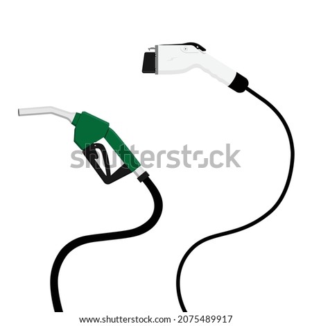 Electric car charging plug and gasoline pistol pump fuel nozzle. Vector isolated on white. 