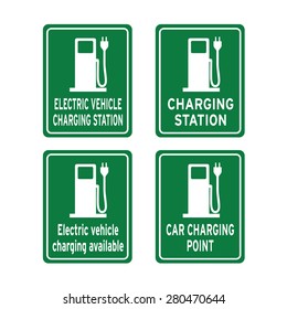 Electric car charging plug traffic sign vector set