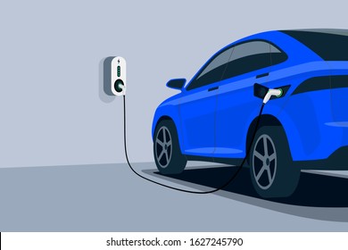 Electric Car Charging. Car Is Plugged To Charger Station In Underground Home Garage . Battery EV Vehicle Standing Parking Lot Connected To Wall Box. Close Up Vector Being Charged With Power Supply Socket. 