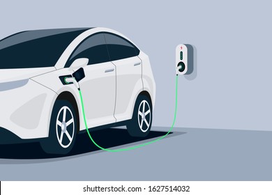 Electric Car Charging. Car Is Plugged To Charger Station In Underground Home Garage . Battery EV Vehicle Standing Parking Lot Connected To Wall Box. Close Up Vector Being Charged With Power Supply Socket. 