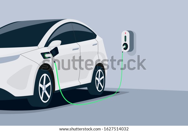 Electric car charging. Car is plugged to charger station\
in underground home garage . Battery EV vehicle standing parking\
lot connected to wall box. Close up vector being charged with power\
supply socket. 