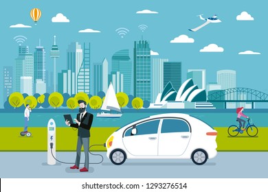 Electric car charging point. A man charging his electric car with a application. On the background, a panoramic Sydney skyline. Flat vector illustration.