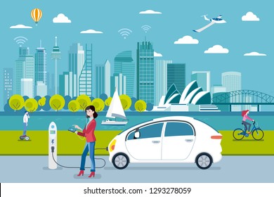 Electric car charging point. A woman charging her electric car with a application. On the background, a panoramic Sydney skyline. Flat vector illustration.