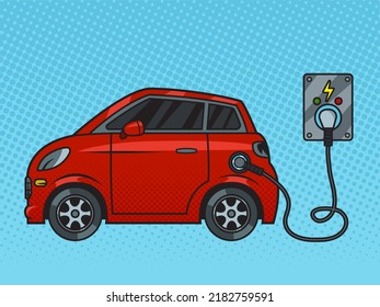 electric car charging from power outlet socket pop art retro vector illustration. Comic book style imitation.