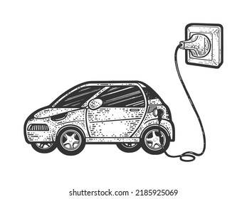 electric car charging from power outlet socket sketch engraving vector illustration. Scratch board imitation. Black and white hand drawn image.