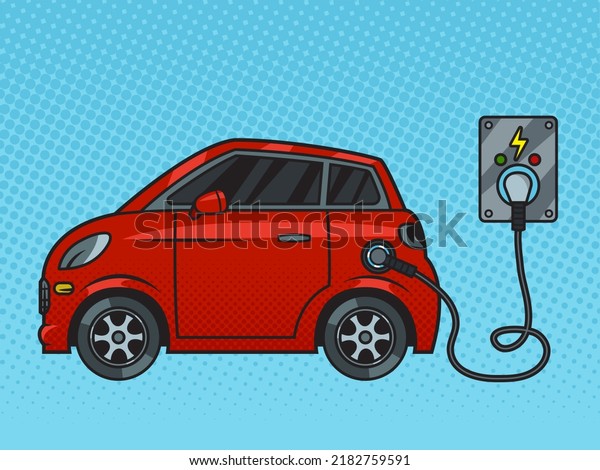 electric car\
charging from power outlet socket pop art retro vector\
illustration. Comic book style\
imitation.