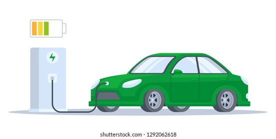 Electric car charging process. Flat vector illustration isolated on white. Charging for electric cars concept. Environmental friendly cars.