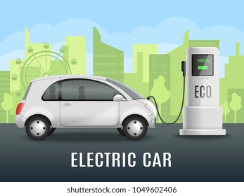 Electric car charging realistic composition with electrically powered automobile near eco friendly charging point with outdoor scenery vector illustration