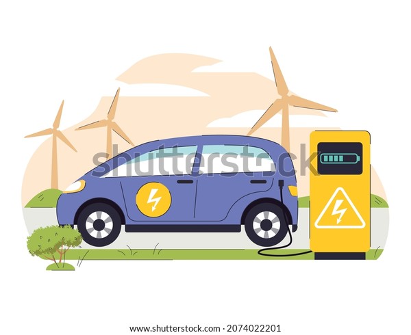 Electric car charging service. Concept\
illustration for environment care, ecology, sustainability, clean\
air, future. Electric car charging at the charger station. Vector\
flat isolated\
illustration.