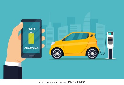 Electric сompact car is charging, side view. Hand holding smartphone with battery on the screen.  Vector flat style illustration.