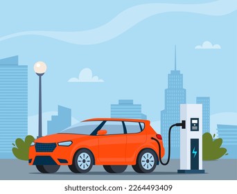 Electric car charging, side view. Modern urban landscape with high-rise buildings skyscrapers. Ecologically clean transport, eco-city. Vector illustration