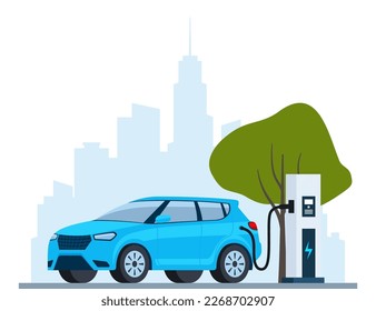 Electric car charging, side view. Modern urban landscape with high-rise buildings skyscrapers. Ecologically clean transport, eco-city. Vector illustration