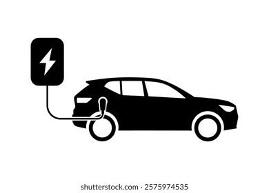 Electric car charging, side view. Electric car charging station. EV car charging battery in the background.