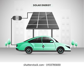Cargador De Coches Eléctricos Del Panel Solar Sobre Fondo Gris Para Concepto De Energía Renovable.