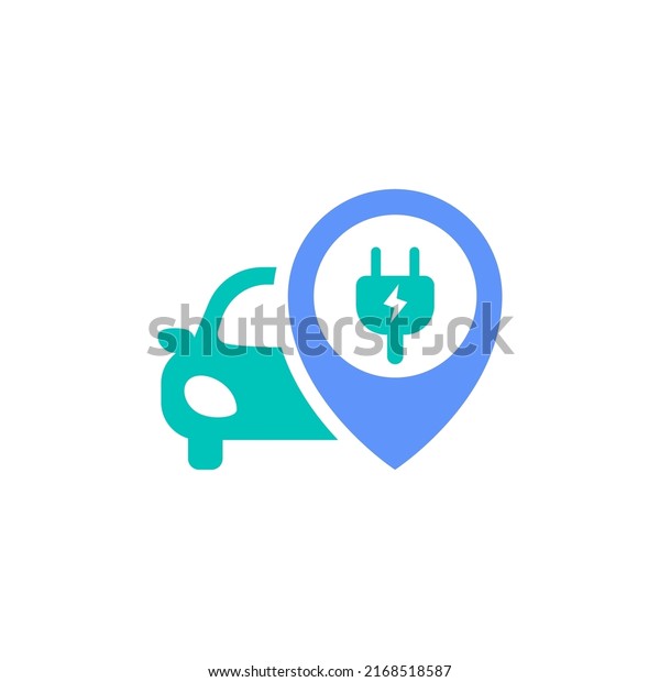 electric car charging\
spot battery energy station location icon vector illustration. aev\
vehicle with pin map point and electricity plug in cable symbol\
graphic design.