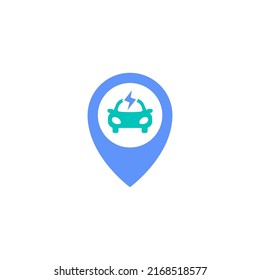 electric car charging spot station location icon vector illustration. Map pin with eco electricity vehicle symbol design