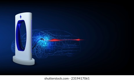 Electric car at charging station. Abstract Electric Power Charger EV Clean Energy Alternative Energy electric charger concept. Electronic vehicle power dock. Vector illustration.