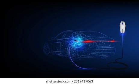 Electric car at charging station. Abstract Electric Power Charger EV Clean Energy Alternative Energy electric charger concept. Electronic vehicle power dock. Vector illustration.