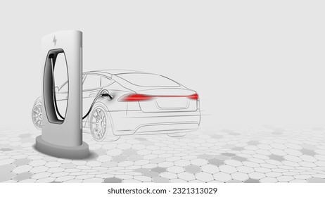Electric car at charging station. Abstract Electric Power Charger EV Clean Energy Alternative Energy electric charger concept. Electronic vehicle power dock. Vector illustration.
