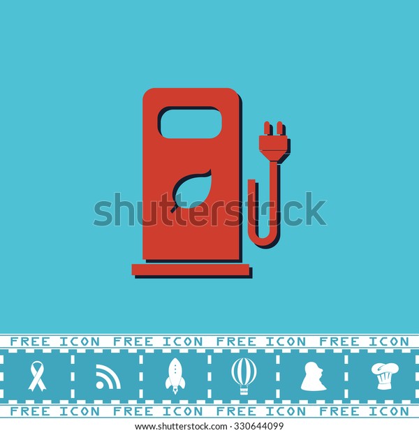Electric car charging station or Bio fuel\
petrol. Red flat symbol with dark shadow and bonus icon. Simple\
vector illustration pictogram on blue\
background