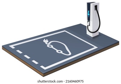 Electric car charging station with a blue lightning symbol and an isolated charging cable next to a parking space reserved for an electric or hybrid vehicle (cut out)