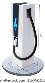 Estación de carga de automóviles eléctricos con un símbolo de alumbrado azul y un cable de carga aislado sobre un trozo de papel gráfico con líneas que indican las dimensiones de la estación (corte)