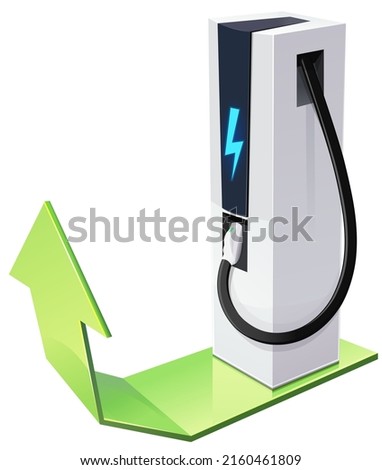 Electric car charging station with a blue lightning symbol and an isolated charging cable lying on a rising green arrow (cut out)
