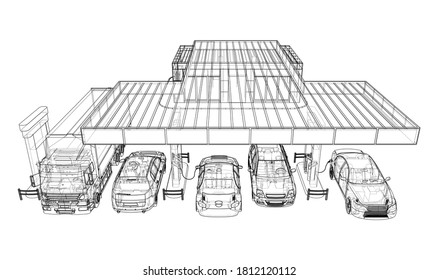 Electric Car Charging Station with Cars and Truck. Vector rendering of 3d. Wire-frame style