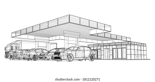 Electric Car Charging Station with Cars and Truck. Vector rendering of 3d. Wire-frame style