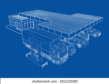 Electric Car Charging Station with Cars and Truck. Vector rendering of 3d. Wire-frame style