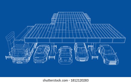 Electric Car Charging Station with Cars and Truck. Vector rendering of 3d. Wire-frame style