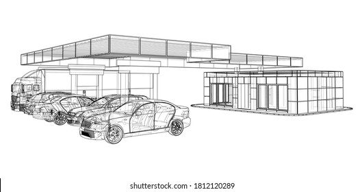 Electric Car Charging Station with Cars and Truck. Vector rendering of 3d. Wire-frame style