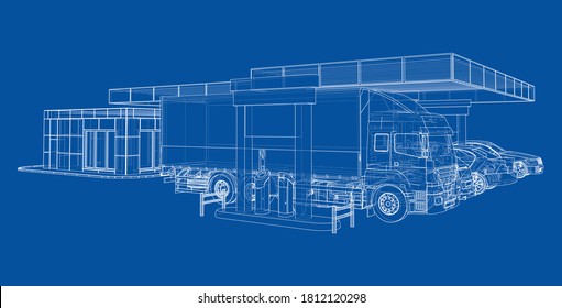 Electric Car Charging Station with Cars and Truck. Vector rendering of 3d. Wire-frame style