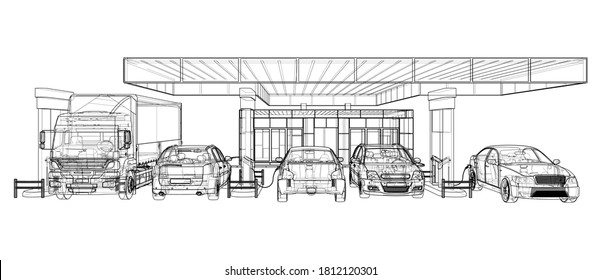 Electric Car Charging Station with Cars and Truck. Vector rendering of 3d. Wire-frame style