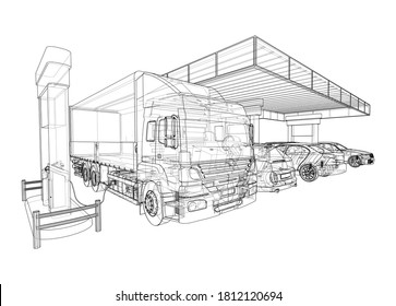 Electric Car Charging Station with Cars and Truck. Vector rendering of 3d. Wire-frame style